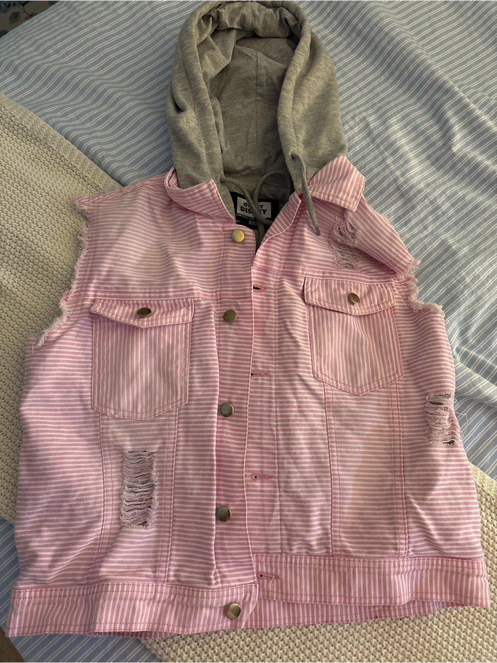 Disney Pink & Gray Striped Sleeveless Hooded Vest